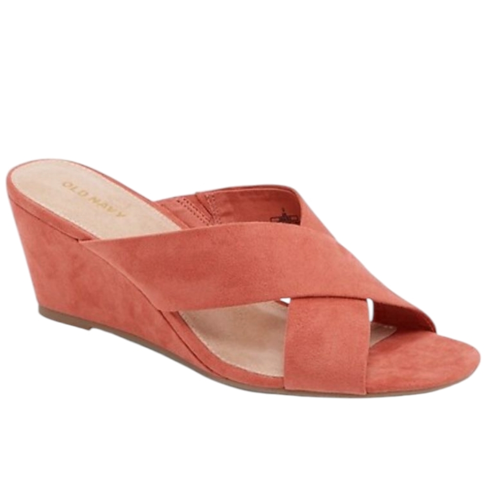 Old Navy Faux Suede Cross Strap‎ Coral Wedge Sandals Slides Desert Rose Orange 8